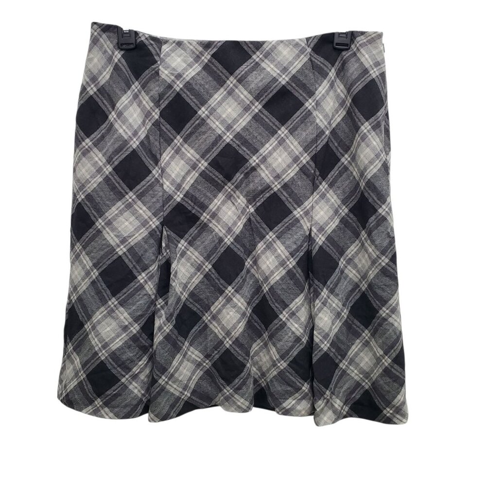 Anne Klein Woman's Black Gray Plaid‎ 100% Wool Pleated Mini Skirt Plus Size 14